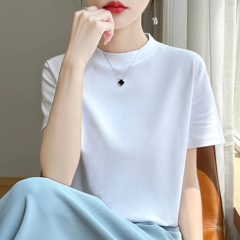 Women’s Semi-High Neck Cotton T-Shirt - Jeglowstore