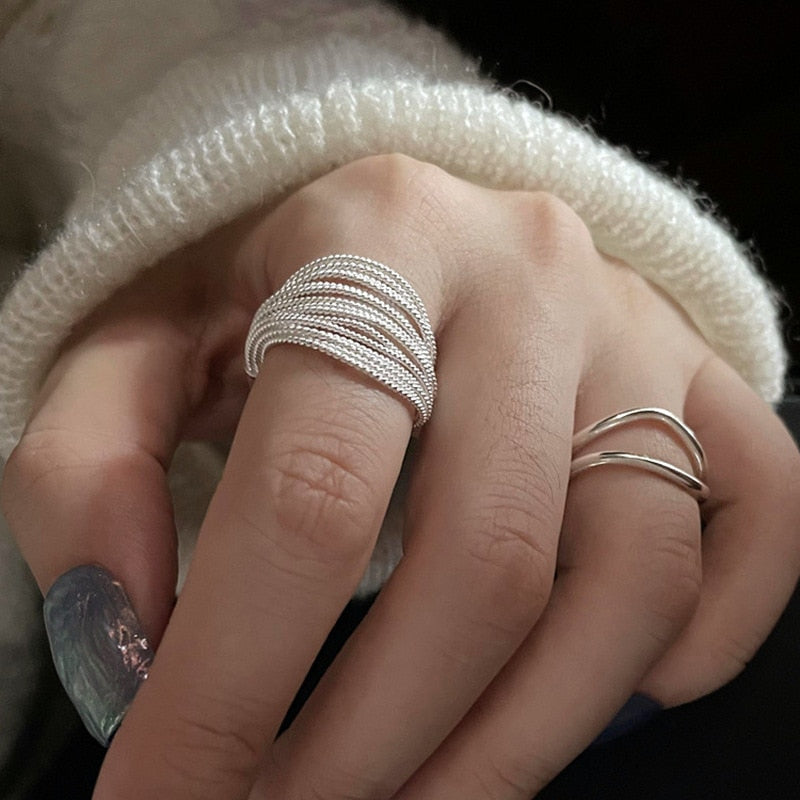 925 Sterling Silver Unique Lines Ring For Women Jewelry Finger Adjustable Open Vintage Ring For Party Birthday Gift