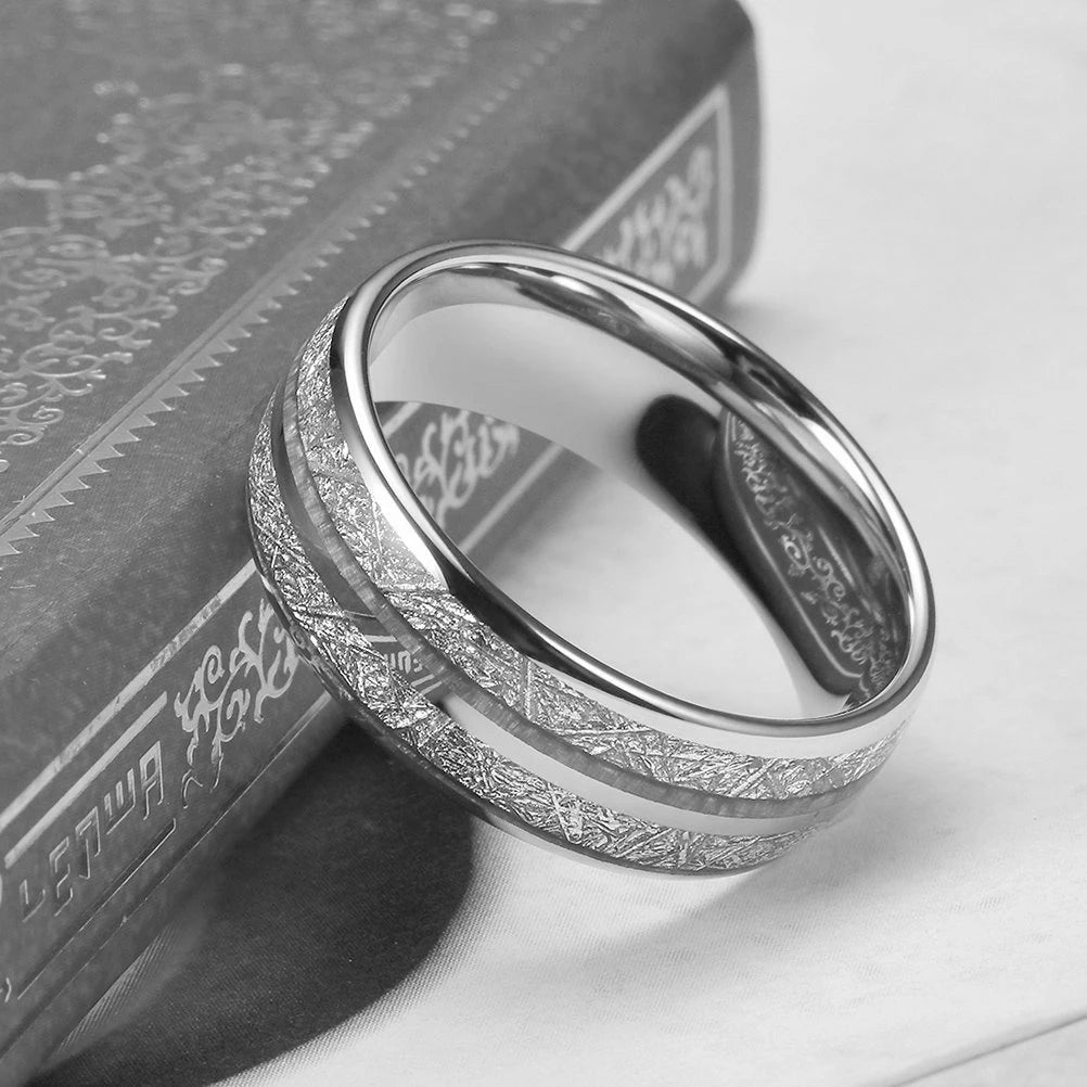 Titanium Wedding Band with Silver Double Groove & Meteorite Inlay - Jeglowstore