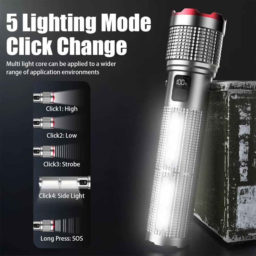5000 MAH Powerful LED Flashlight Rechargeable Lamp Side Light Waterproof Tactical Lantern Handheld Torch Outdoor Camping Hiking - Jeglowstore