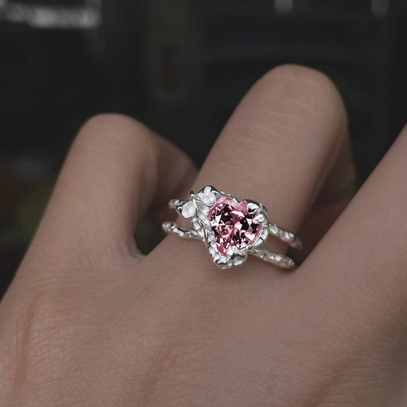 Kpop Crystal Love Heart Open Ring For Women Wedding Luxury Vintage Jewelry Y2K Accessories