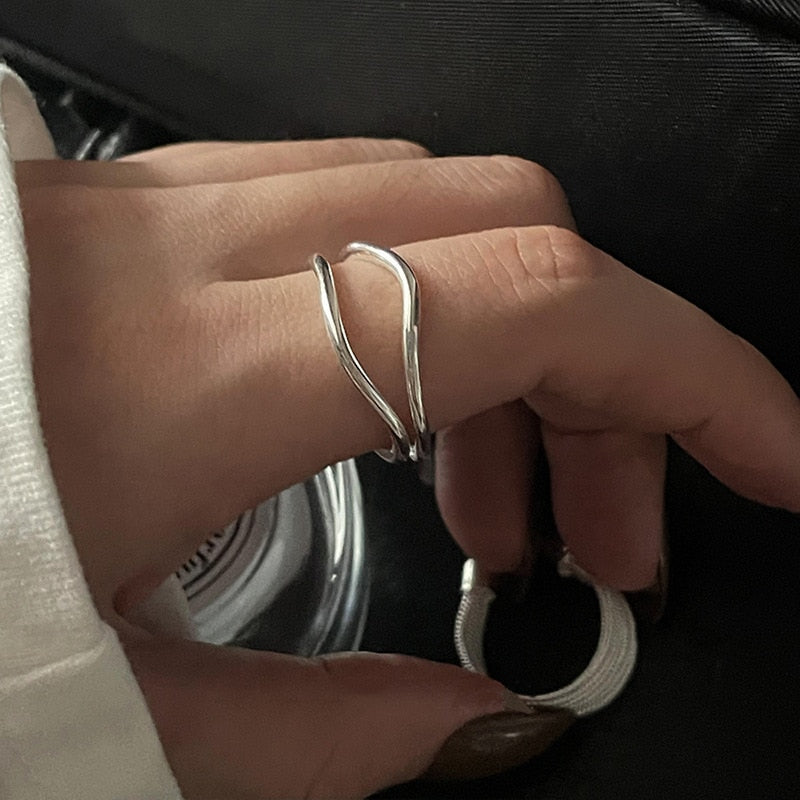 925 Sterling Silver Unique Lines Ring For Women Jewelry Finger Adjustable Open Vintage Ring For Party Birthday Gift