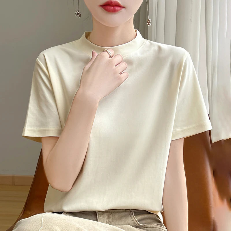 Women’s Semi-High Neck Cotton T-Shirt - Jeglowstore