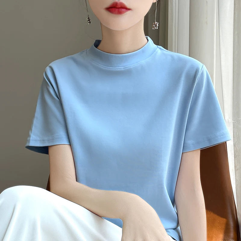 Women’s Semi-High Neck Cotton T-Shirt - Jeglowstore