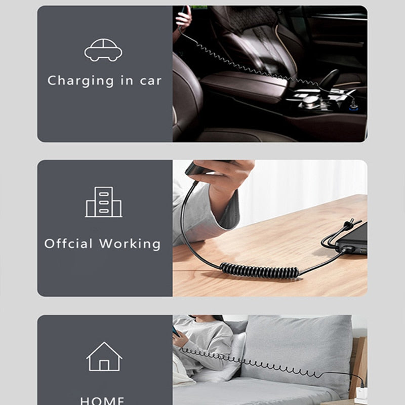 66W 5A USB Type C Data Cable 3A Micro USB Spring Pull Telescopic Fast Charging Cable for Android Phone Accessories Car USB Cable