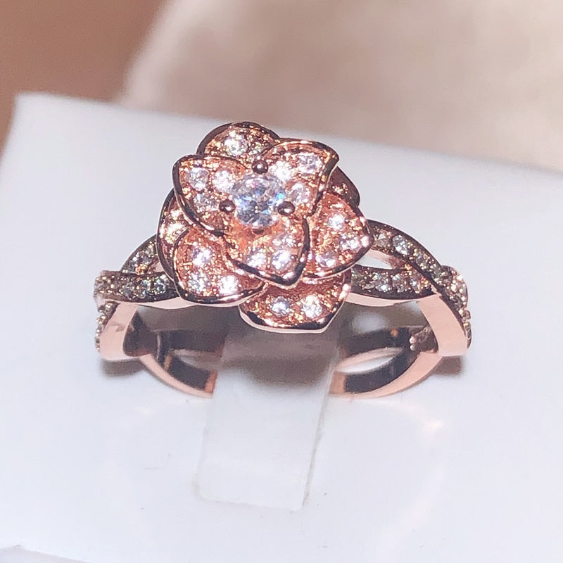 925 Sterling Silver InterTwined Three-Dimensional Rose Ring White Zircon Full Diamond Ring Ladies Temperament Elegant Jewelry - Jeglowstore