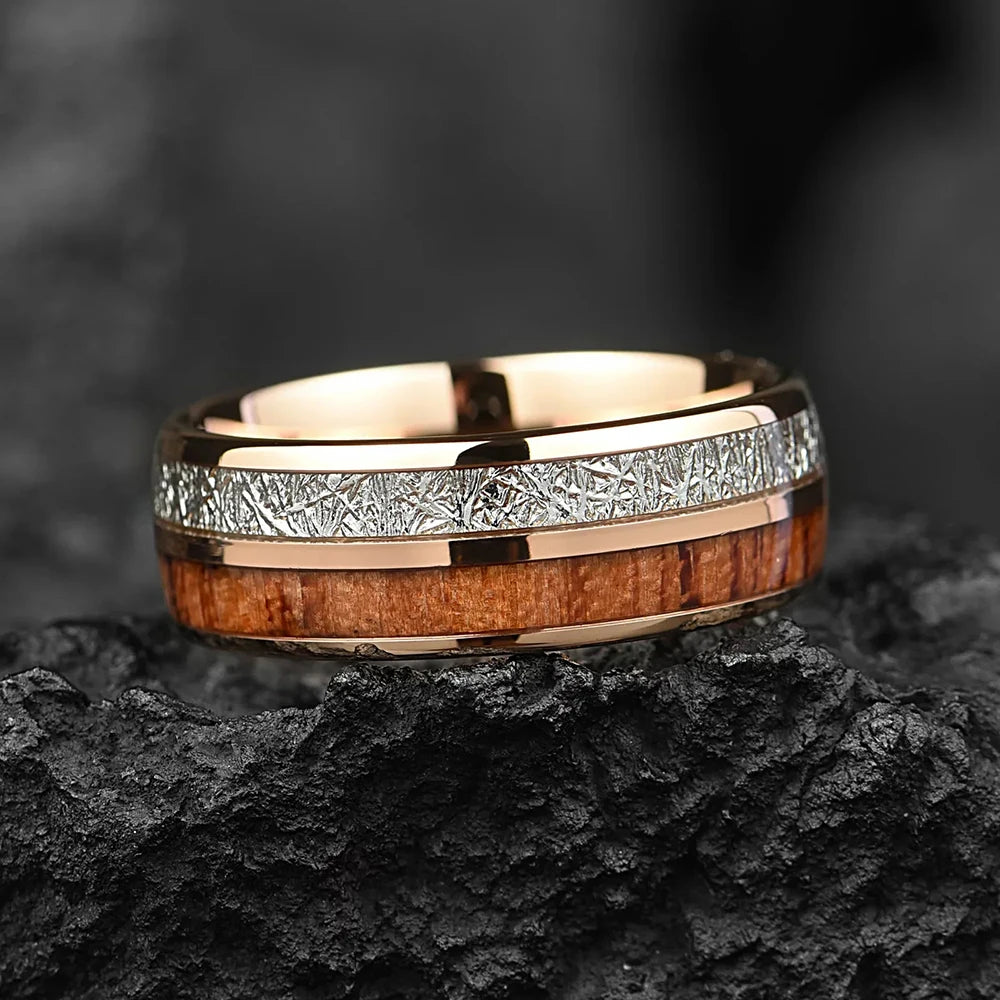 Men’s 8MM Koa Wood & Meteorite Stainless Steel Ring