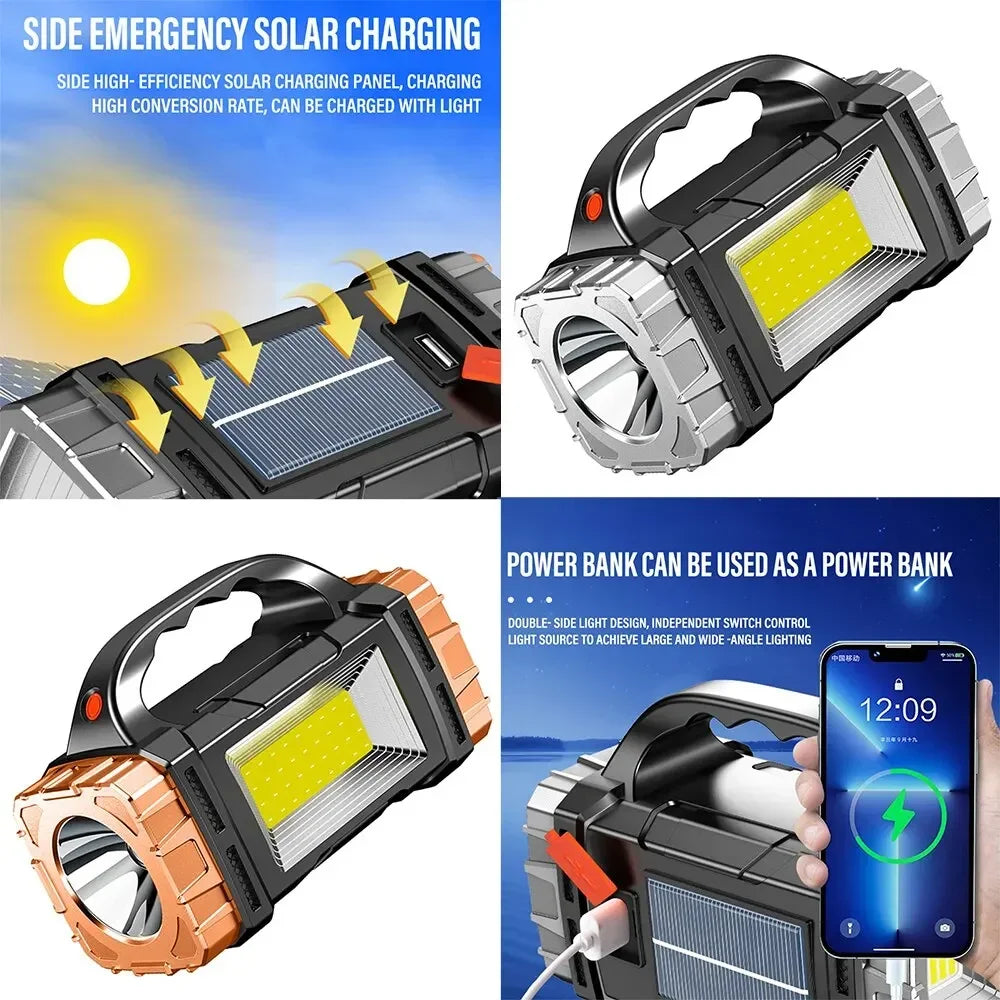 2024 Powerful LED Flashlight USB+Solar Rechargeable Flashlight COB Outdoor Camping Torch Portable Searchlight Power Bank Outdoor - Jeglowstore