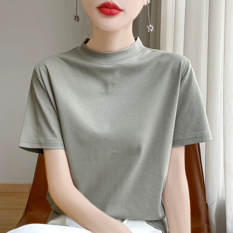 Women’s Semi-High Neck Cotton T-Shirt - Jeglowstore