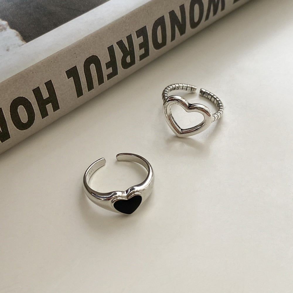 2023 New Fashion Simple Heart Vintage Love Ring Personalized Adjustable Opening Fashion Black Ring Girl Jewelry