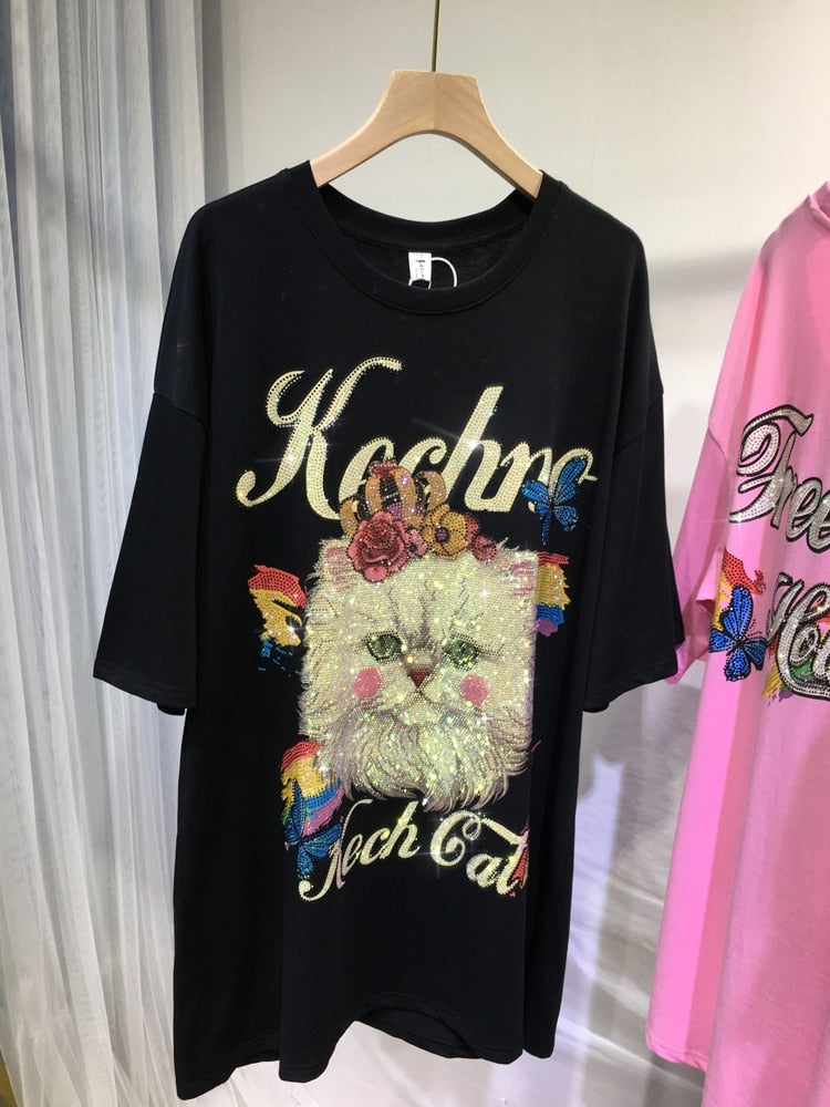 L-4XL Plus Size Tops Rhinestone Graphic T-shirt
