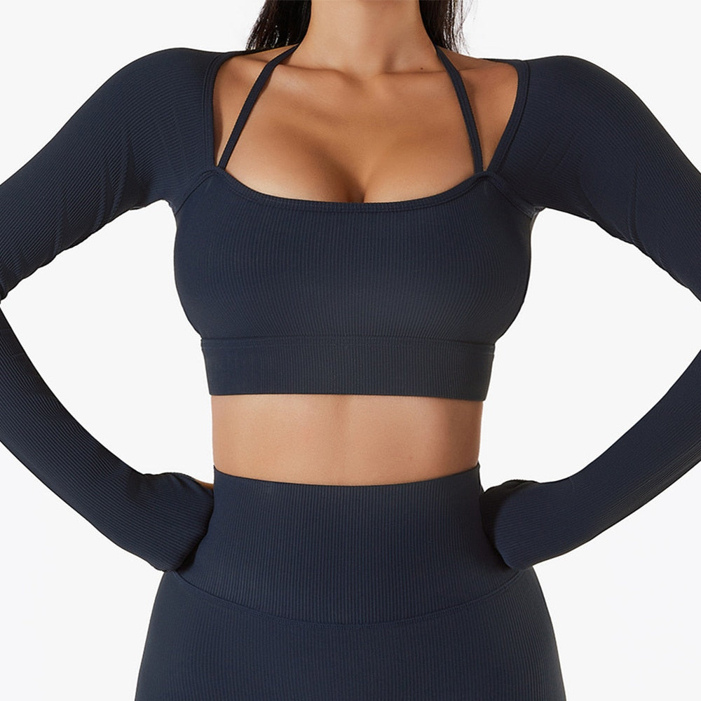 Seamless Women Yoga Set Workout Sportswear Gym Clothing Ribbed Fitness Long Sleeve Crop Top High Waist Leggings Sports Suits