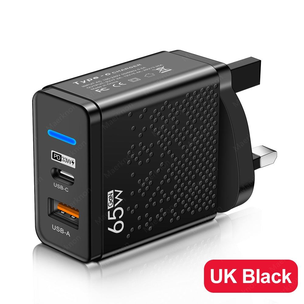 GaN 65W USB C Charger PD Type C Fast Charging Wall Adapter For iPhone 14 13 Xiaomi Samsung Macbook Quick Charge3.0 Phone Charger