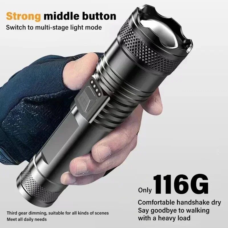Super Bright LED Flashlight USB Rechargeable Flashlights with Tactical Zoom High Power Spotlight Outdoor Camping Fishing Torch