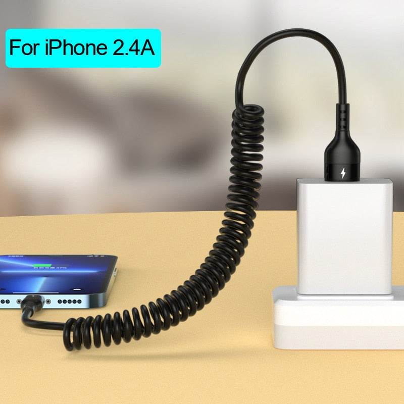66W 5A USB Type C Data Cable 3A Micro USB Spring Pull Telescopic Fast Charging Cable for Android Phone Accessories Car USB Cable