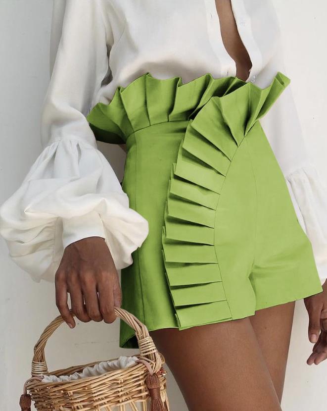 2023 New Fashion Women's Bottom Ruffle Hem Ruched High Waist Shorts Elegant Summer Casual Female Clothing Outfits