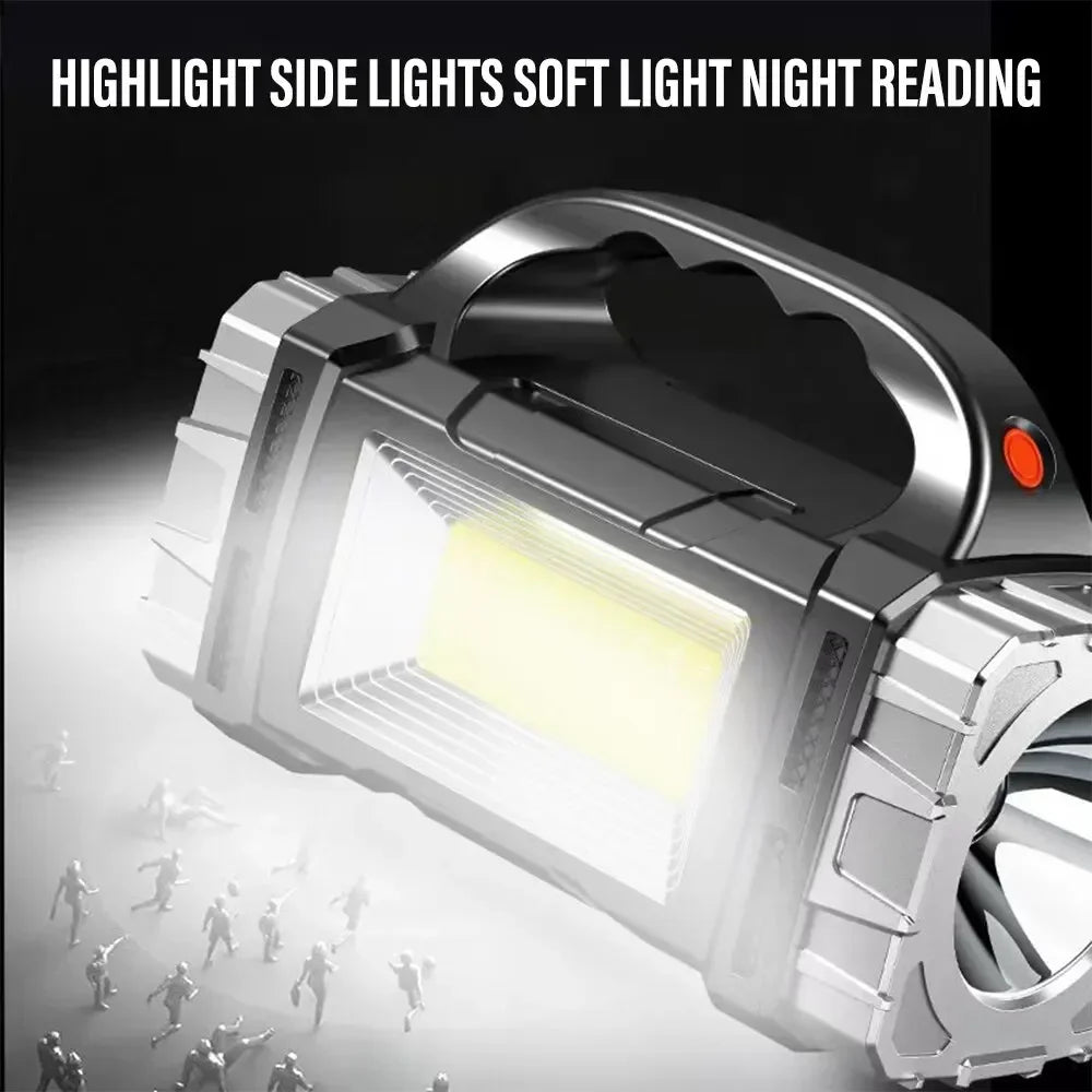2024 Powerful LED Flashlight USB+Solar Rechargeable Flashlight COB Outdoor Camping Torch Portable Searchlight Power Bank Outdoor - Jeglowstore