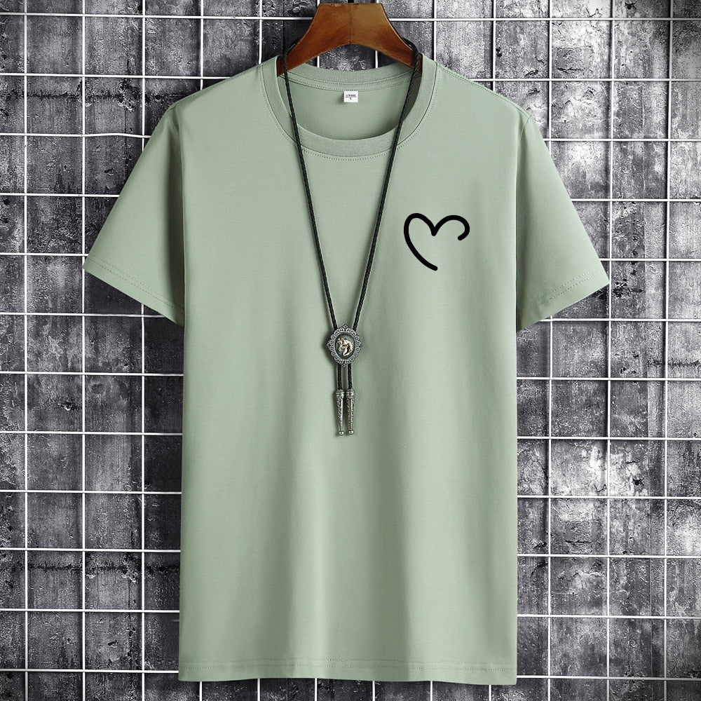 JFUNCY Oversize Summer Men's Cotton Tee Shirts Men Casual T-shirt Simple Love Heart Print Tshirt O-Neck Short Sleeve Man Tops
