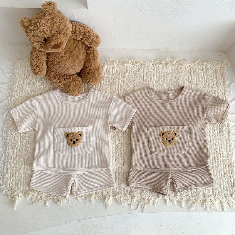 MILANCEL 2023 Summer Baby Clothing Set Waffle Bear Tee and Shorts 2 Pcs Suits Baby Girls Clothes Set