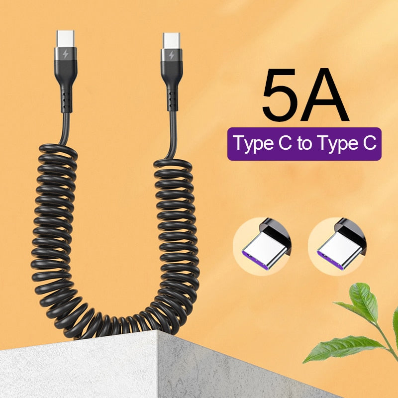 66W 5A USB Type C Data Cable 3A Micro USB Spring Pull Telescopic Fast Charging Cable for Android Phone Accessories Car USB Cable