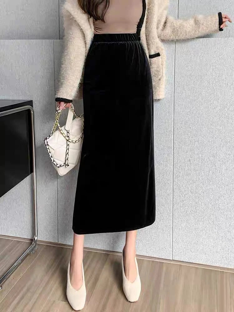 Black Velvet High Waist Midi Skirt - Jeglowstore