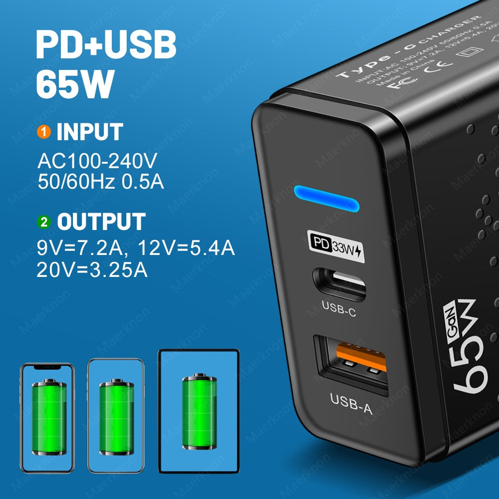 GaN 65W USB C Charger PD Type C Fast Charging Wall Adapter For iPhone 14 13 Xiaomi Samsung Macbook Quick Charge3.0 Phone Charger