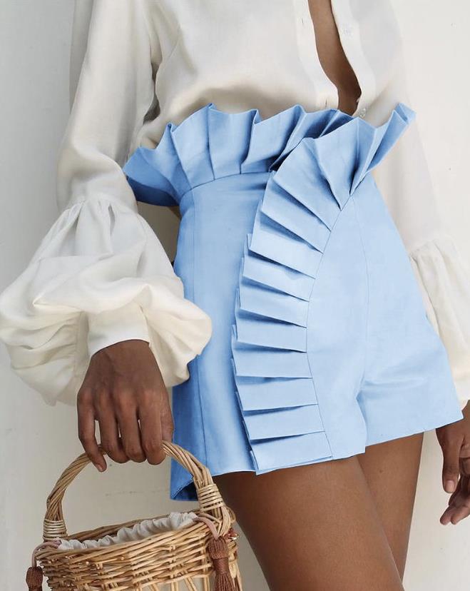 2023 New Fashion Women's Bottom Ruffle Hem Ruched High Waist Shorts Elegant Summer Casual Female Clothing Outfits