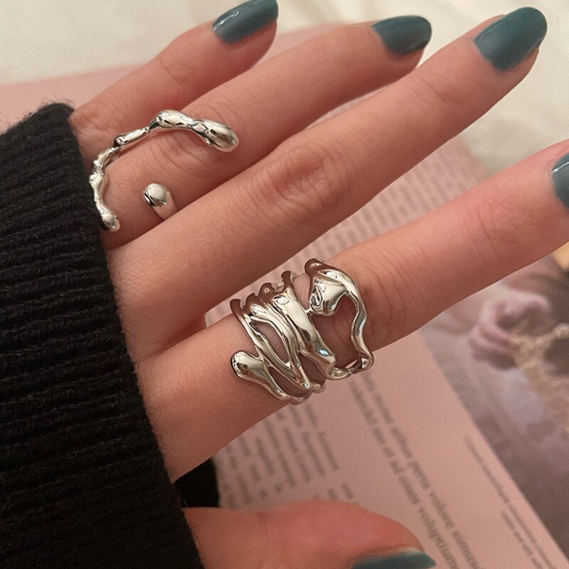2023 New Arrival Irregular Hollow Silver Color Wide Ring Female Fashion Retro Unique Design Handmade Jewelry Gifts