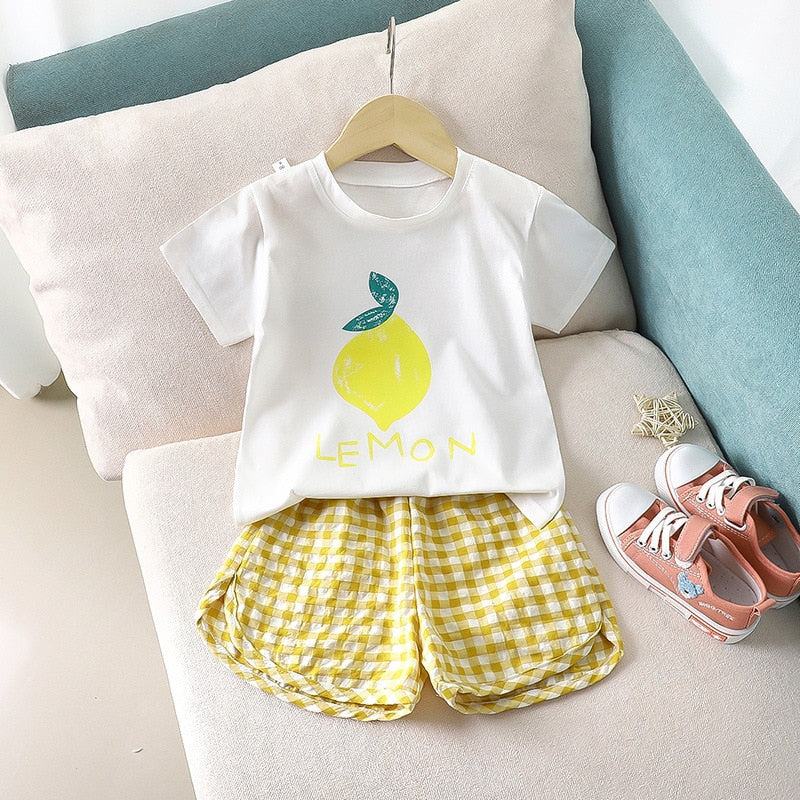 Red Apple Short Sleeved Suits Summer Baby Girls Clothes 2022 New Kids 2 Piece Set Cotton Toddler Plaid Shorts Set Clothing 9m-4y