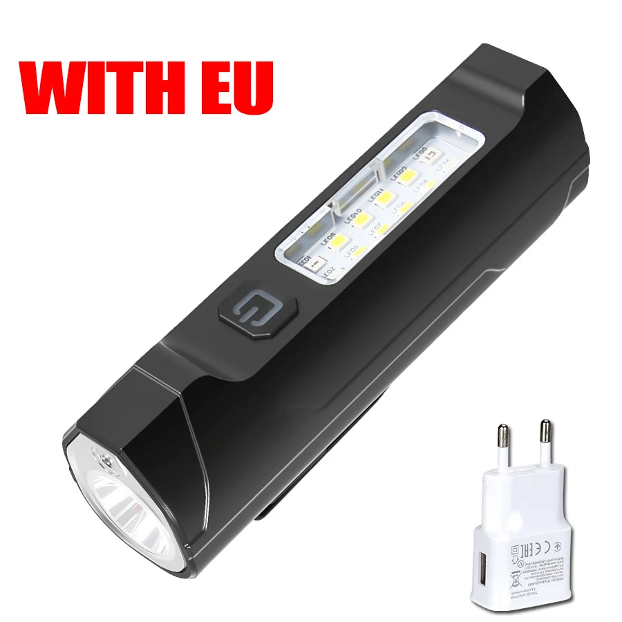 Super Bright LED Flashlight USB Rechargeable Torch Red Blue Flash Dual-source COB Floodlight for Outdoor Camping Emergency Light