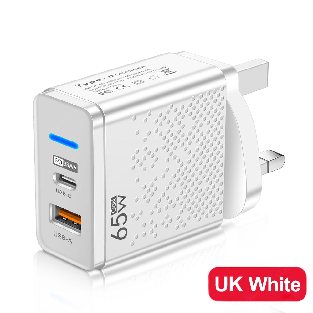 GaN 65W USB C Charger PD Type C Fast Charging Wall Adapter For iPhone 14 13 Xiaomi Samsung Macbook Quick Charge3.0 Phone Charger