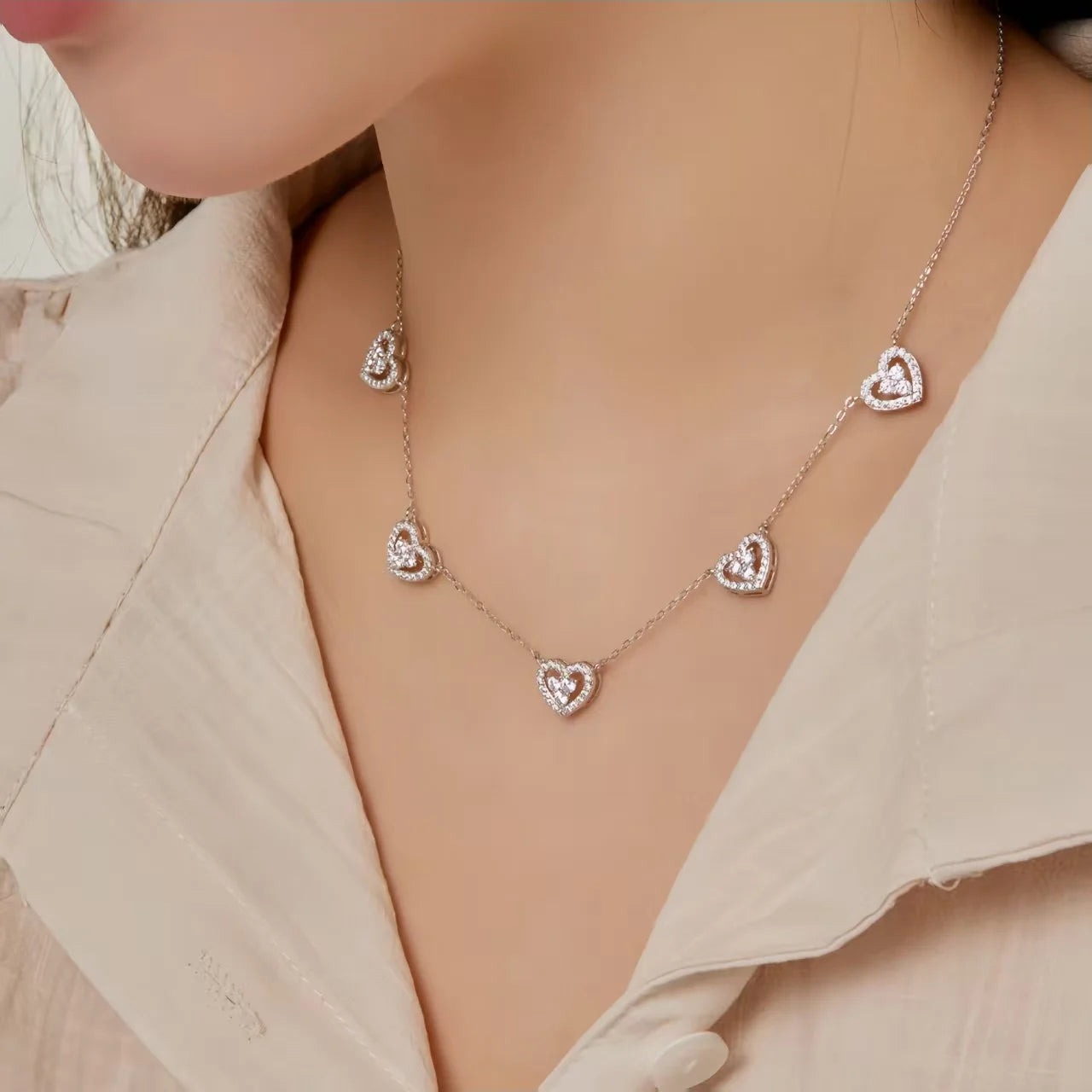 Sterling Silver Five Heart Pendant Necklace - Jeglowstore