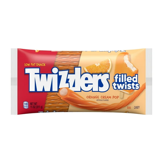 TWIZZLERS Filled Twists Orange Cream Pop Flavored Licorice Style, Chewy Candy Bag, 11 oz