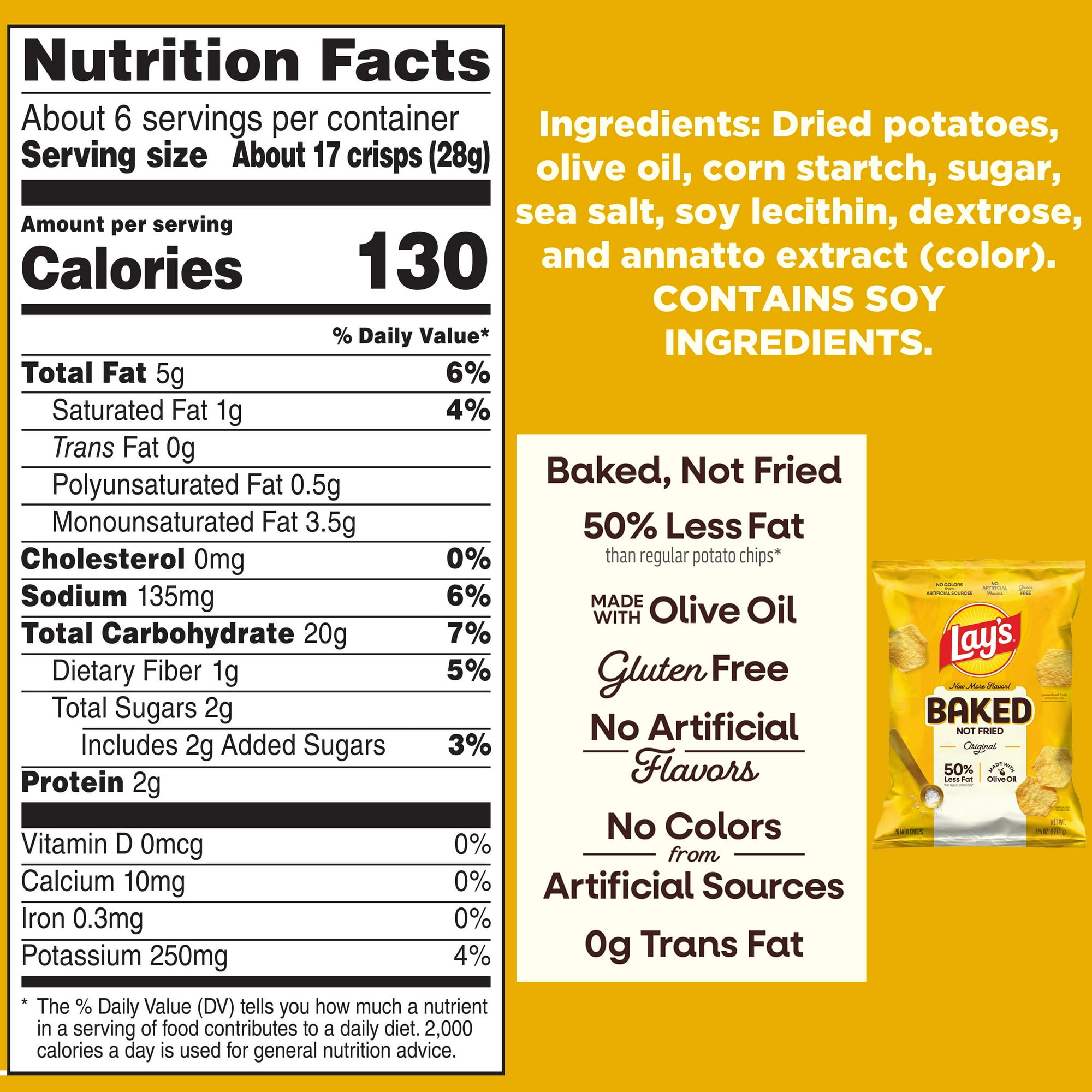 Baked Lay’s 50% Less Fat Original Potato Chips Bag, 6.25 oz