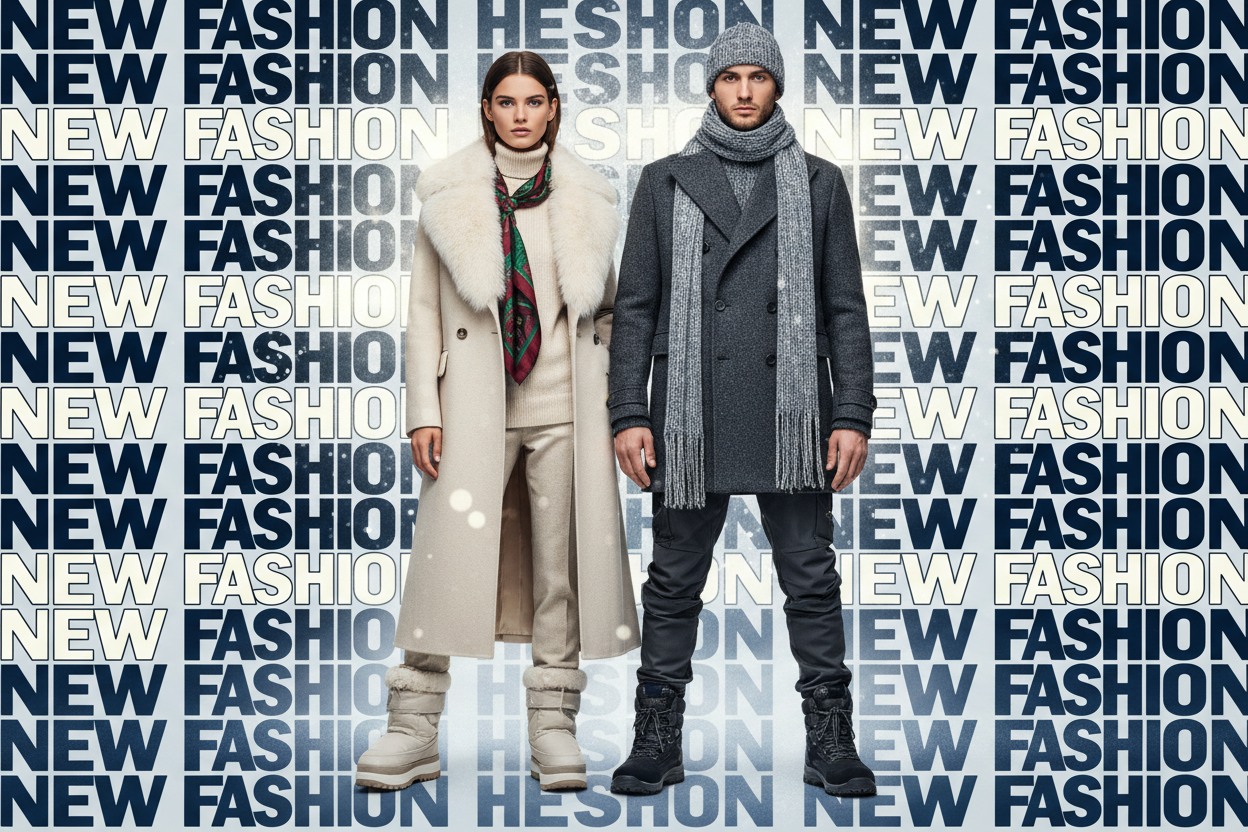 Square fashion promo image for Shopify. Keep the exact repeated text “NEW FASHION” across the background. Add a Christmas theme with soft snowfall, white glow effects, and festive contrast. Feature two stylish models wearing winter outfits, posing confidently. Maintain a modern fashion aesthetic, bold typography, clean layout, and holiday elegance without overcrowding.