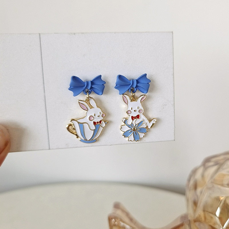 Animal Cat Cherry Blossoms Asymmetrical Earring Party Kitten Jewelry Gifts