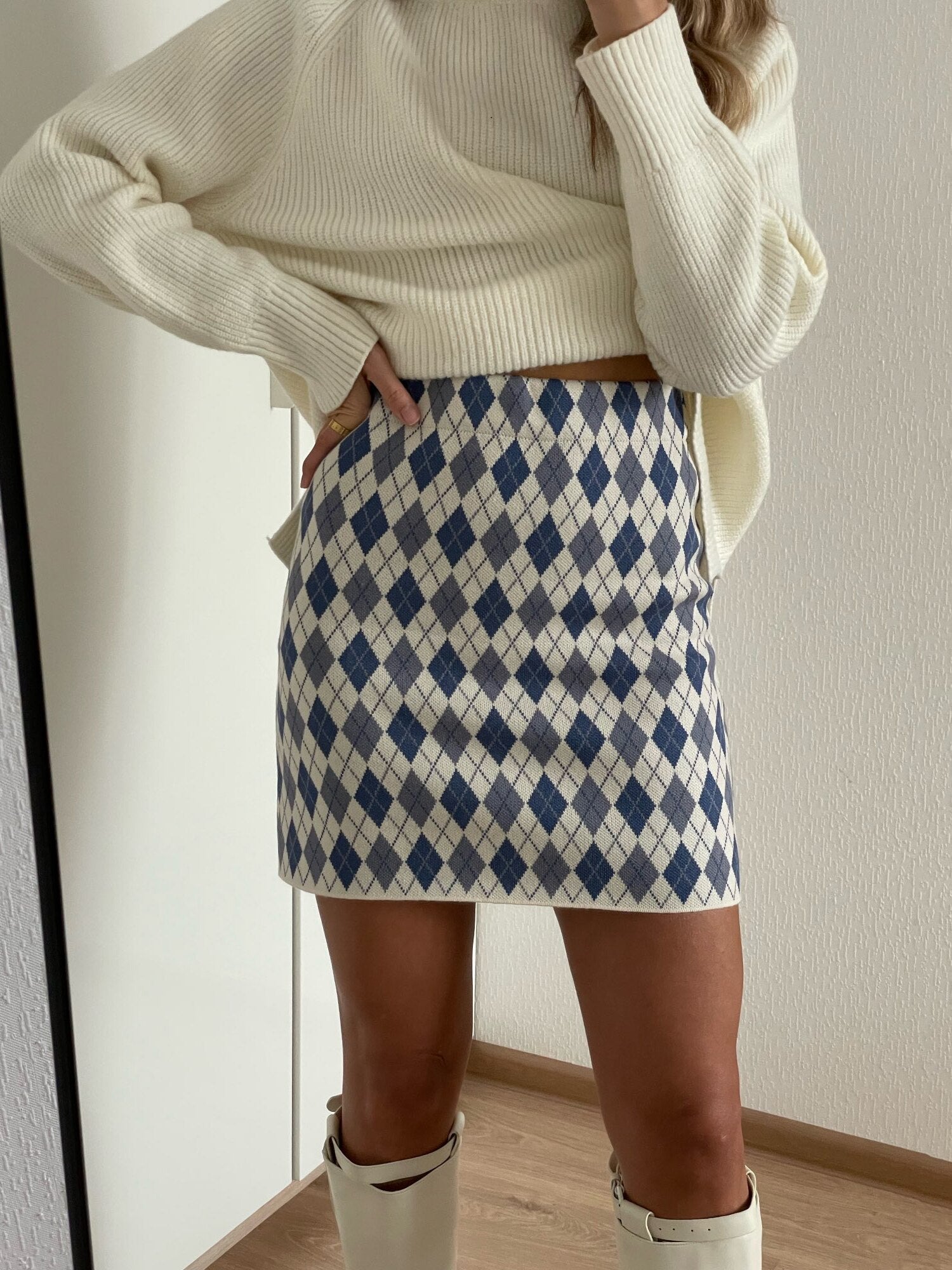Vintage Rhombus Plaid Knitting High Waist Bodycon One Step Sweater Skirt