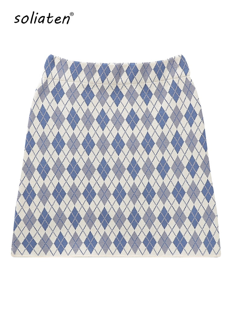 Vintage Rhombus Plaid Knitting High Waist Bodycon One Step Sweater Skirt