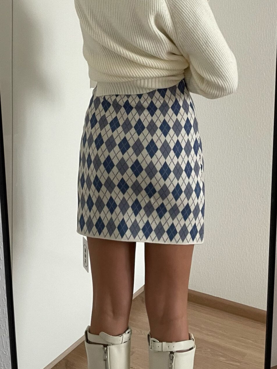 Vintage Rhombus Plaid Knitting High Waist Bodycon One Step Sweater Skirt