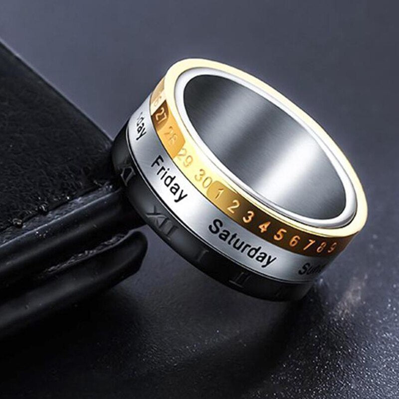 Titanium Steel Cool Punk Spinner Creative Rotatable 3 Part Roman Numerals Ring