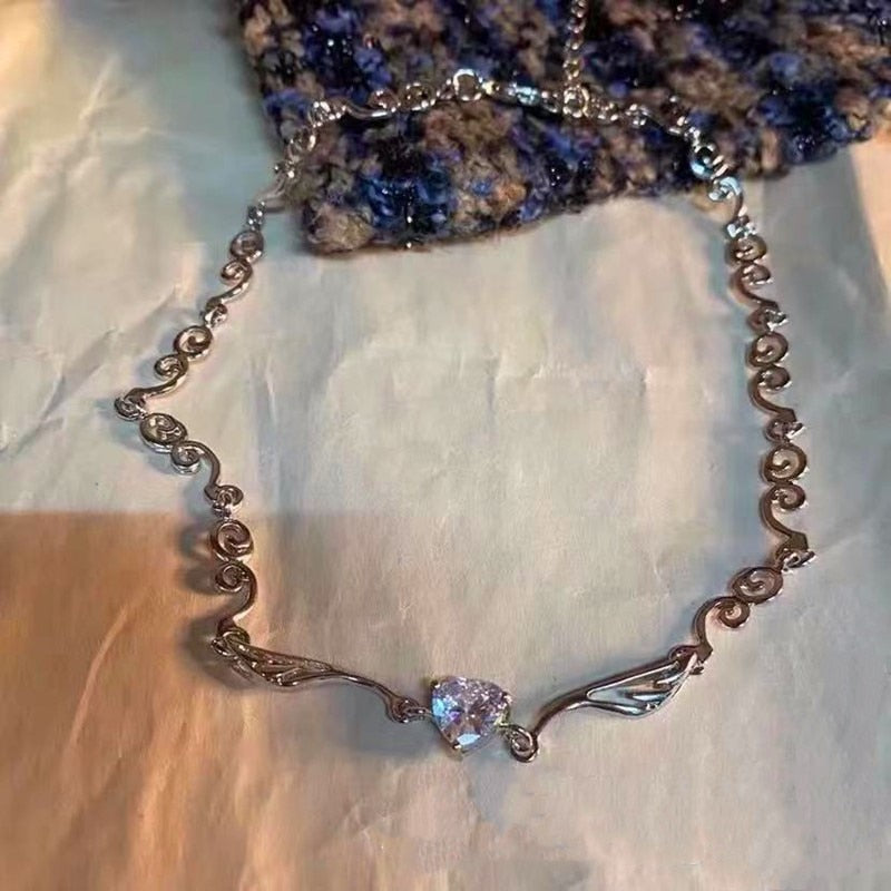 Silver Color Irregualr Love Heart Crystal Choker Necklace