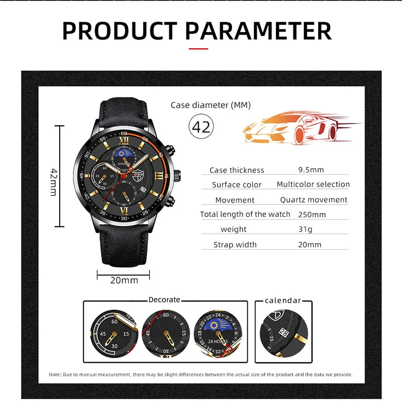 Luxury Black Leather Bracelet Men Casual Luminous Clock Watch