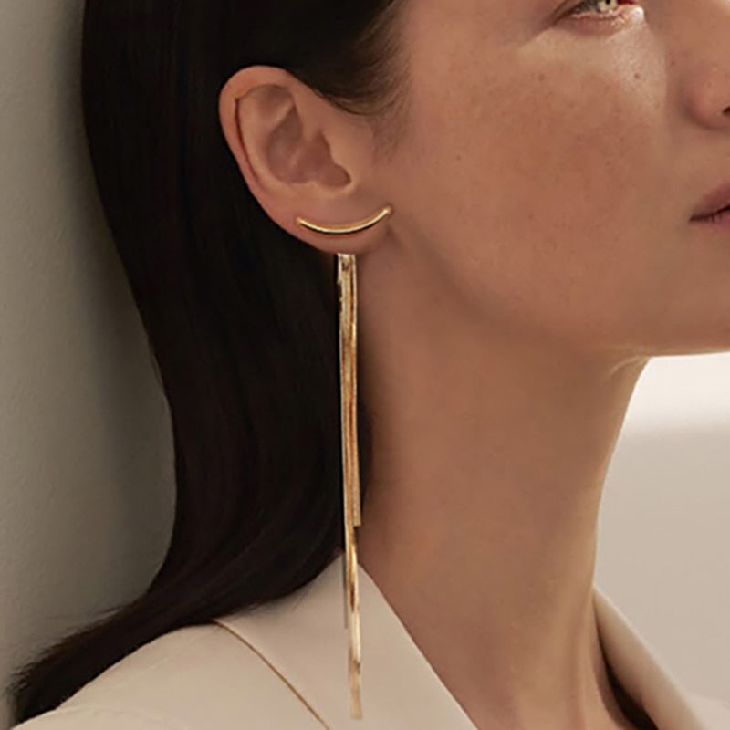 Korean Vintage Glossy Arc Bar Long Tassel Drop Earrings