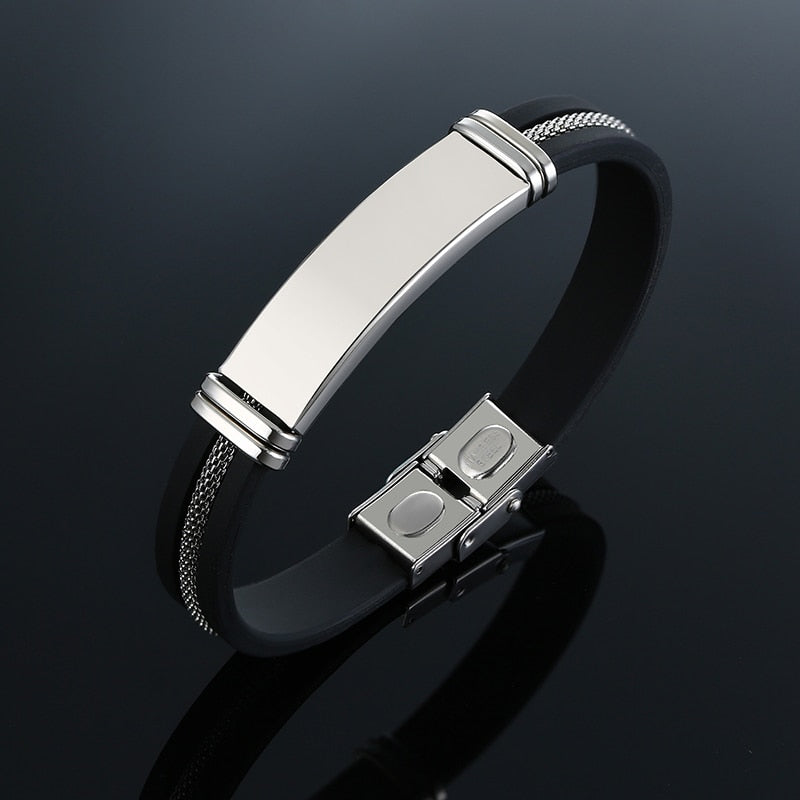 Black Grooved Rudder Silicone Mesh Link Stainless Steel Bracelet