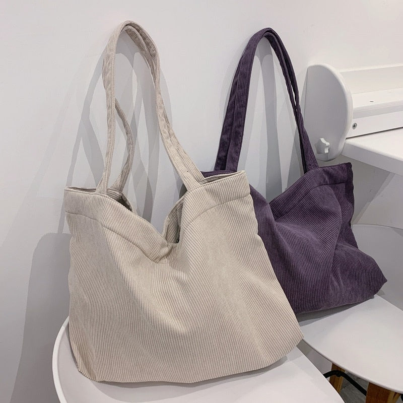 Corduroy Zipper Reusable Thickened Large Capacity Tote Bag