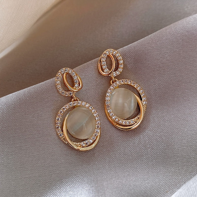 Trendy Moon Dangle Pearl Cherry Cat Rhinestone Earring