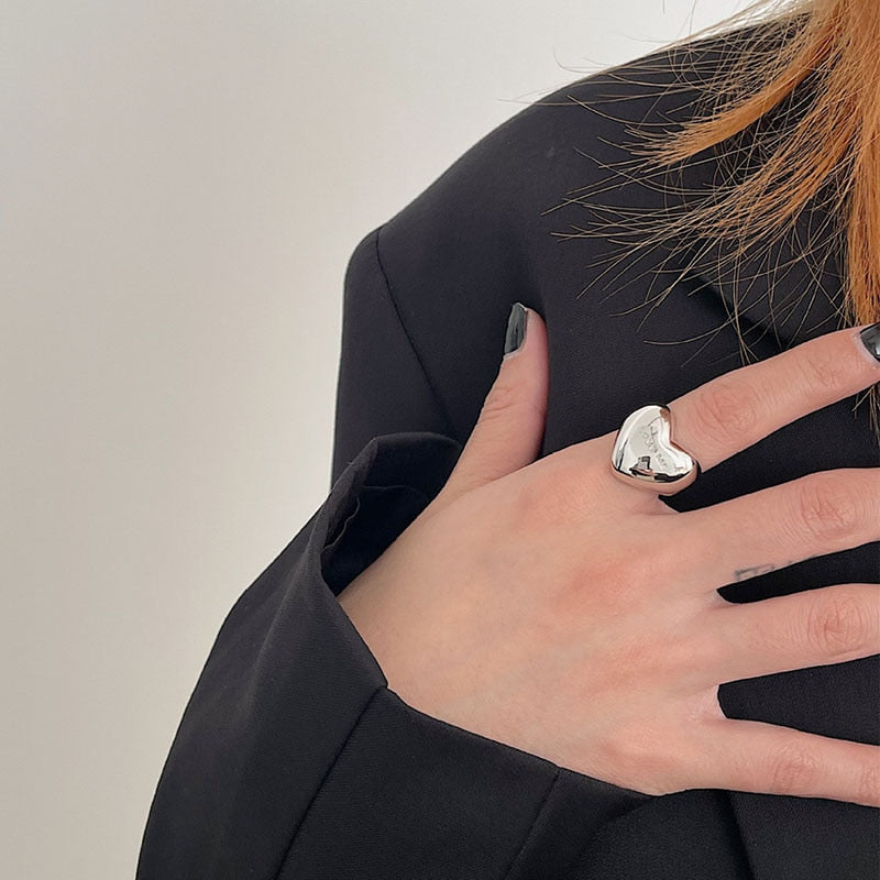 FOXANRY Silver Color Elegant Simple Smooth LOVE Heart Party Ring