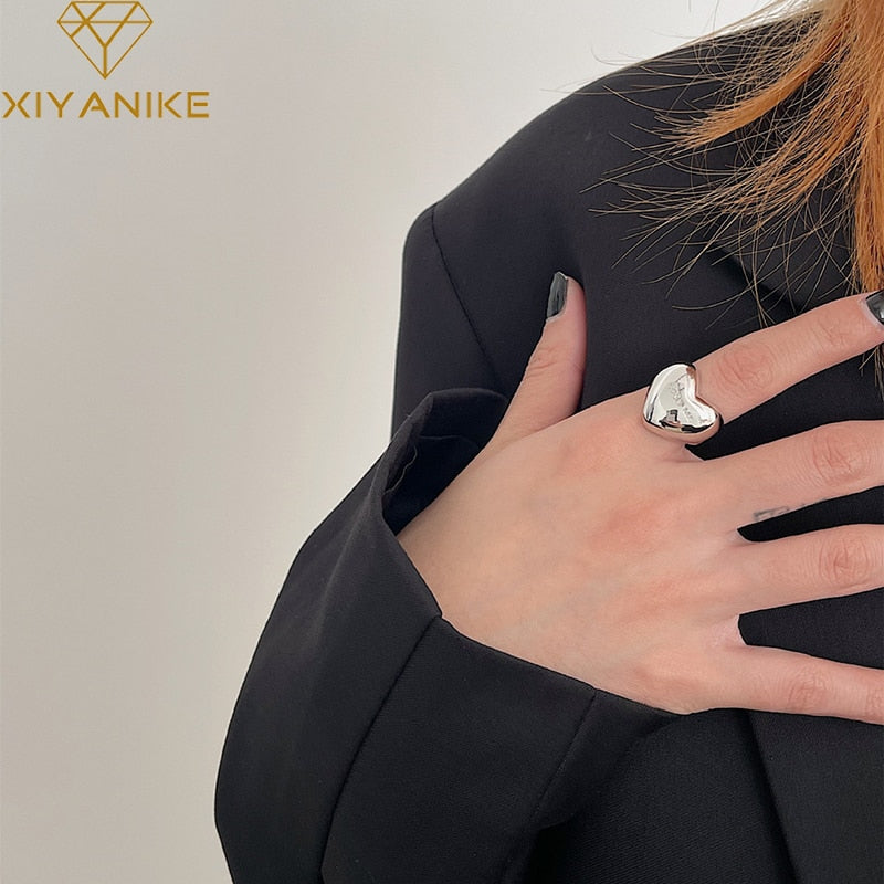 XIYANIKE Silver Color  Alphabet Three-dimensional Love Heart Smooth Ring