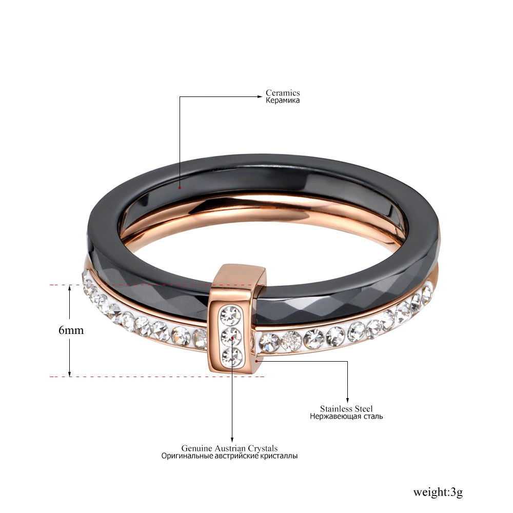 Black/White Ceramic Crystal Stainless Steel Wedding Ring