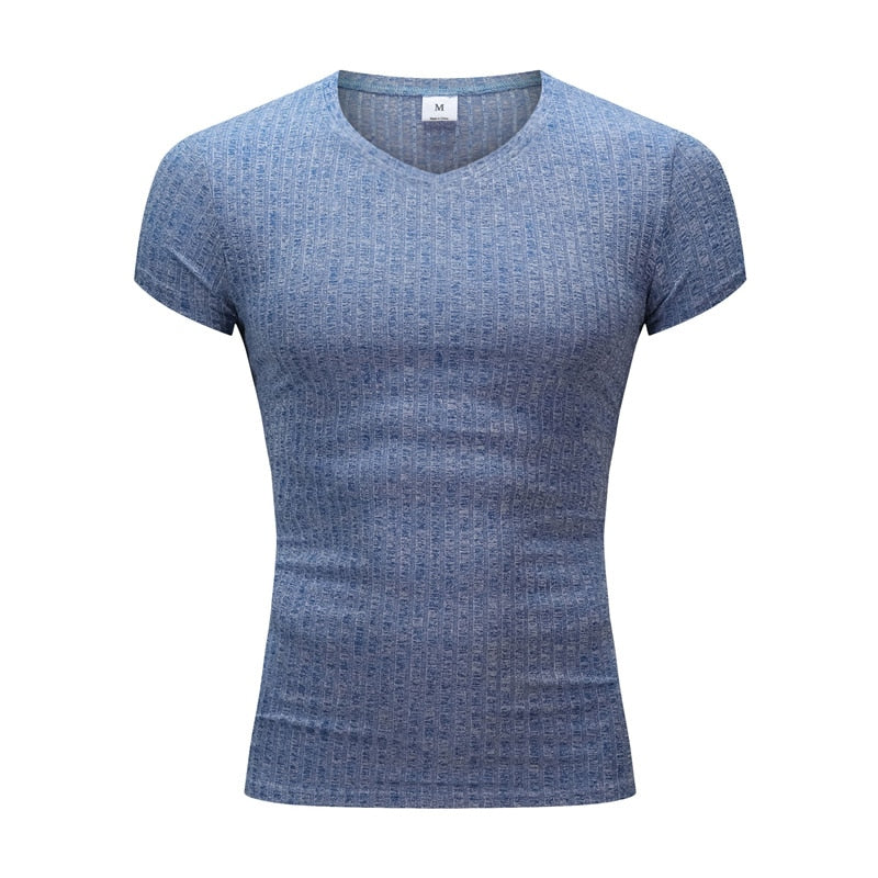 Men V Neck Short Sleeve T Shirt Fitness Slim Fit Sports Strips T-shirt
